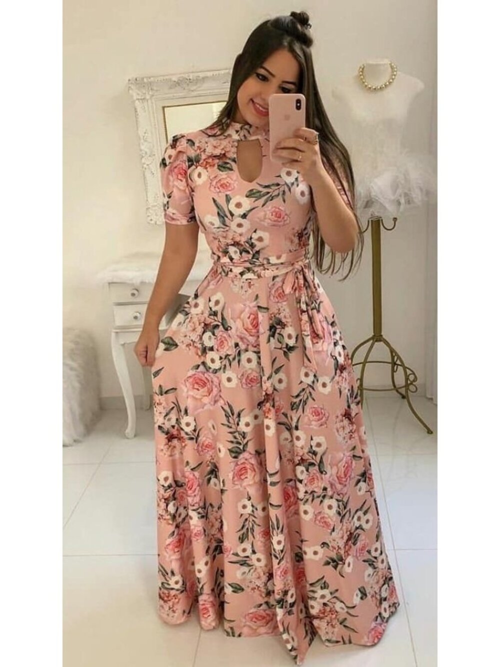 Women's Blush Pink Floral Maxi Long Party Dress Women M/L Wedding Guest